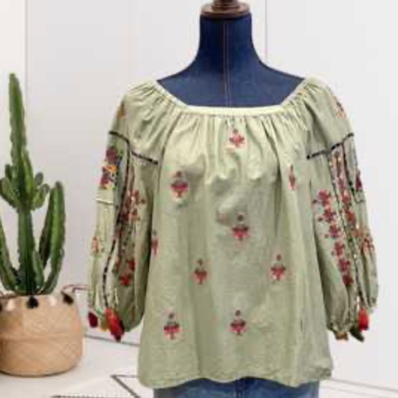 Sundance Tops - SUNDANCE Journey In Spirit Top Embroidered Square Neck Cotton Green boho
